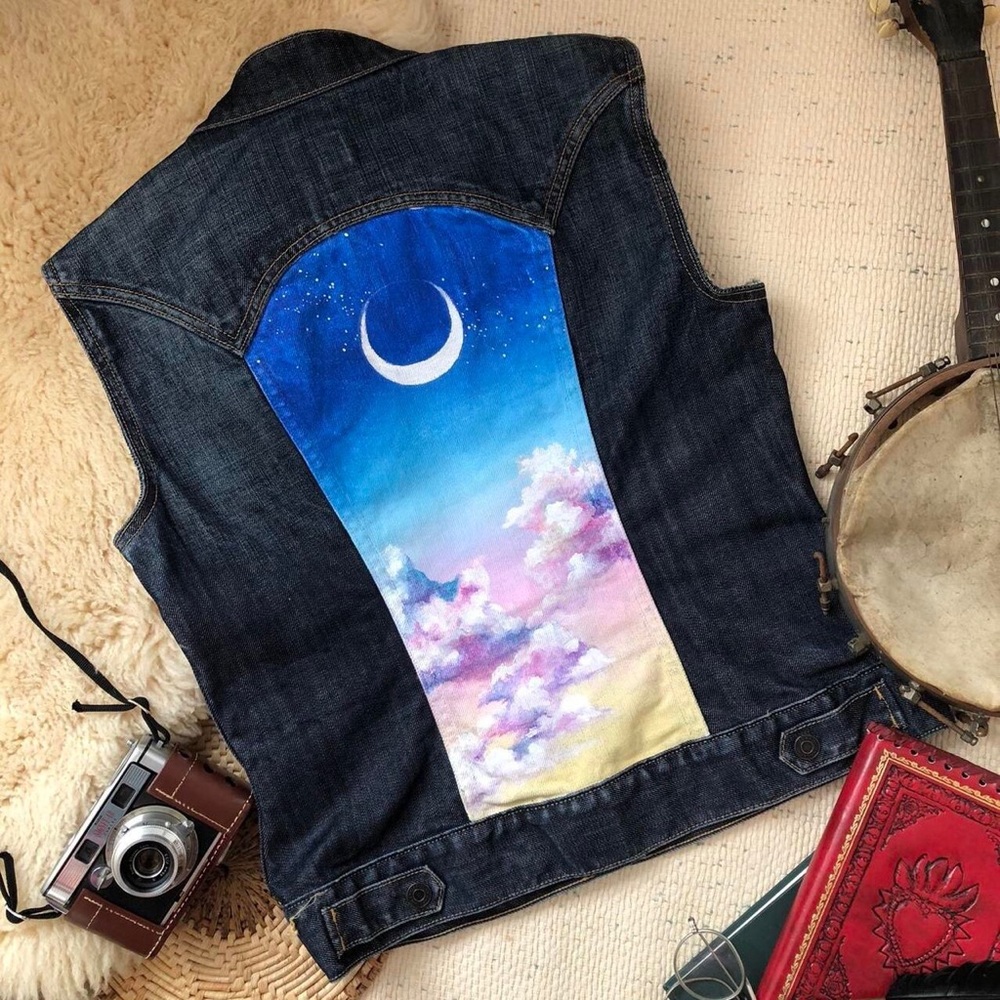 Moon, stars, and cloud celestial hand painted vest 🌙✨☁️